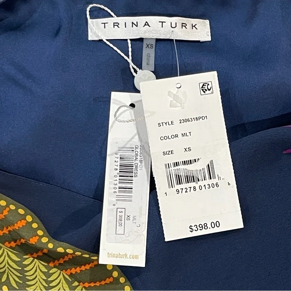 Trina Turk Global Silk Caftan Dress Womens Extra Small Navy Floral Tropical $398 - Picture 14 of 14